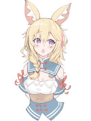 Rule 34 | 1girl, animal ears, arms behind back, bare shoulders, black hair, blonde hair, blush, bow, braid, breasts, cleavage, clothing cutout, cosplay, cropped torso, eihire, facial mark, fox ears, fox girl, hair between eyes, hololive, long hair, looking away, multicolored hair, omaru polka, open mouth, pink hair, purple eyes, red bow, red ribbon, ribbon, shiranui flare, shiranui flare (cosplay), shiranui flare (old design), shoulder cutout, side braid, simple background, single braid, small breasts, solo, streaked hair, underbust, virtual youtuber, white background