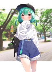Rule 34 | 1girl, backpack, bag, baseball cap, black hat, blue shorts, blurry, blurry background, blush, closed mouth, day, depth of field, green hair, hair between eyes, hand up, hat, highres, hololive, k mugura, long sleeves, looking at viewer, red eyes, shirt, short shorts, shorts, sleeves past fingers, sleeves past wrists, solo, uruha rushia, virtual youtuber, white shirt