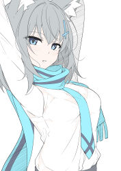 Rule 34 | 1girl, absurdres, animal ear fluff, animal ears, arms up, blue archive, blue eyes, blue scarf, blush, bra, bra visible through clothes, breasts, cross, cross hair ornament, cycling uniform, grey hair, hair ornament, highres, inverted cross, long hair, looking at viewer, masabodo, medium breasts, medium hair, mismatched pupils, parted lips, scarf, see-through, shiroko (blue archive), shirt, solo, underwear, white background, white bra, white shirt, wolf ears