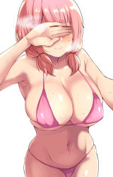 Rule 34 | 1girl, bang dream!, bikini, blush, breasts, censored, cleavage, closed mouth, covered eyes, cowboy shot, covered erect nipples, heavy breathing, highres, identity censor, large breasts, low twintails, medium hair, micro bikini, navel, owafu, pink bikini, pink hair, selfie, short twintails, simple background, skindentation, smile, solo, standing, stomach, sweat, swimsuit, thong bikini, twintails, uehara himari, white background