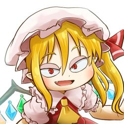 Rule 34 | 1girl, ascot, blonde hair, blouse, blush, chamaji, close-up, commentary, crystal, fang, flandre scarlet, frills, hair between eyes, hat, hat ribbon, looking at viewer, lowres, mob cap, open mouth, pointy ears, profile picture, red eyes, ribbon, shirt, short sleeves, side ponytail, signature, simple background, skirt, skirt set, slit pupils, solo, touhou, upper body, white background, white hat, wings