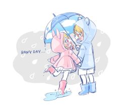 Rule 34 | ..., 1boy, 1girl, animal ears, animal hood, bear ears, blonde hair, blue footwear, blue raincoat, blue umbrella, blush, boots, brother and sister, chibi, cloud print, colored shoe soles, commentary, english text, fake animal ears, from side, full body, highres, holding, holding hands, holding umbrella, hood, hood up, leg up, long sleeves, looking at another, looking to the side, medium hair, open mouth, orange eyes, orange hair, pastel colors, pink footwear, pink hair, pink raincoat, poppu usagi, project sekai, puddle, rabbit ears, red eyes, shorts, siblings, sketch, skirt, standing, teeth, tenma saki, tenma tsukasa, two-tone background, typo, umbrella, upper teeth only, wading, water, water drop, wavy hair, white background, white shorts, white skirt, white umbrella