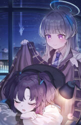 Rule 34 | 2girls, absurdres, blue archive, blue necktie, closed eyes, closed mouth, collared shirt, grey hair, halo, highres, indoors, jacket, long hair, long sleeves, mechanical halo, multiple girls, necktie, noa (blue archive), open mouth, purple eyes, purple hair, shan (ti0n), shirt, sleeping, smile, two side up, white jacket, white shirt, yuuka (blue archive)