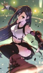 Rule 34 | bare shoulders, black bra, black gloves, black hair, black shorts, black skirt, black thighhighs, blurry, blurry foreground, boots, bra, breasts, crop top, decoponmagi, earrings, elbow gloves, elbow pads, fighting stance, final fantasy, final fantasy vii, final fantasy vii remake, fingerless gloves, gloves, grey eyes, hair behind ear, jewelry, long hair, looking at viewer, medium breasts, midriff, miniskirt, navel, outstretched arms, shirt, shorts, shorts under skirt, single elbow pad, skirt, sports bra, suspenders, swept bangs, thighhighs, tifa lockhart, underwear, white shirt