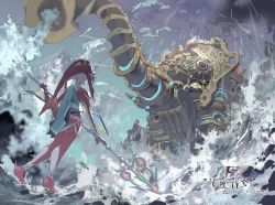 Rule 34 | 1girl, artist name, cloud, cloudy sky, colored skin, dated, e volution, elephant, fish girl, from behind, full body, holding, jewelry, long hair, mipha, monster girl, nintendo, no humans, ocean, outdoors, polearm, rain, red skin, sky, solo, standing, sword, the legend of zelda, the legend of zelda: breath of the wild, vah ruta, water, weapon, zora
