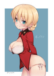 Rule 34 | 10s, 1girl, arms behind back, bikini, blonde hair, blue eyes, blush, braid, breasts, breasts out, character name, cleavage, cowboy shot, darjeeling (girls und panzer), framed breasts, girls und panzer, hair between eyes, highres, jacket, large breasts, looking at viewer, military jacket, no pants, outside border, parted lips, school uniform, short hair, side-tie bikini bottom, simple background, smile, solo, st. gloriana&#039;s school uniform, swimsuit, thighs, try (lsc), twitter username
