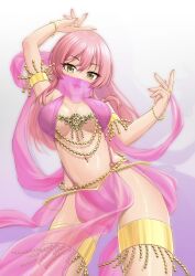 Rule 34 | 1girl, arm up, armlet, bracelet, breasts, brown eyes, chain, cowboy shot, gold, gold chain, grey background, hair between eyes, hand up, harem outfit, highres, idolmaster, jewelry, jougasaki mika, large breasts, long hair, mouth veil, navel, pink hair, ring, shiny skin, simple background, solo, tanjunde, thighlet, veil