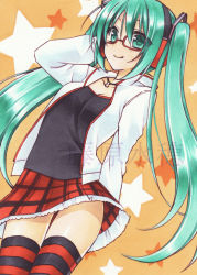 Rule 34 | 1girl, ankle, arm behind back, black shirt, breasts, cleavage, collarbone, cowboy shot, floating hair, frilled skirt, frills, fujiwara minaho, glasses, green eyes, green hair, hand in own hair, hatsune miku, headphones, jacket, long hair, long sleeves, marker (medium), miniskirt, open clothes, open jacket, orange background, plaid, plaid skirt, red-framed eyewear, red skirt, shirt, skirt, small breasts, smile, solo, standing, striped clothes, striped thighhighs, thigh gap, thighhighs, traditional media, twintails, very long hair, vocaloid, watermark, white jacket, zettai ryouiki