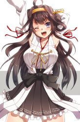 Rule 34 | 10s, 1girl, ahoge, blue eyes, breasts, brown hair, double bun, female focus, hairband, headgear, japanese clothes, kantai collection, keita (tundereyuina), kongou (kancolle), large breasts, long hair, miniskirt, nontraditional miko, one eye closed, open mouth, skirt, smile, solo