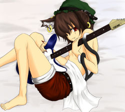 Rule 34 | 1girl, akudato, animal ears, barefoot, brown hair, cat ears, cat girl, cat tail, chen, claws, earrings, electric guitar, fang, feet, female focus, guitar, hat, instrument, jewelry, naughty face, red eyes, solo, tail, topless, touhou