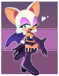 Rule 34 | 1girl, animal ears, animal nose, bare shoulders, bat ears, bat girl, bat wings, blush, boots, border, breasts, crop top, elbow gloves, eyeshadow, female focus, full body, furry, furry female, gloves, green eyes, half-closed eye, heart, high heels, highres, leg up, light blush, looking at viewer, makeup, medium breasts, midriff, navel, one eye closed, orange fur, outline, outside border, pink eyeshadow, purple background, purple footwear, purple gloves, purple shirt, purple shorts, purple wings, rouge the bat, shirt, short hair, short shorts, shorts, sleeveless, sleeveless shirt, solo, sonic (series), standing, standing on one leg, stellarspin, tail, thigh boots, thighhighs, two-tone fur, white border, white fur, white hair, white outline, wings, wink