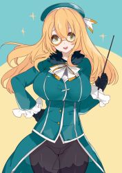 Rule 34 | 10s, 1girl, :d, agu, alternate eye color, atago (kancolle), bad id, bad twitter id, beret, bespectacled, black gloves, black pantyhose, blonde hair, breasts, female focus, glasses, gloves, green eyes, hand on own hip, hat, highres, holding, kantai collection, large breasts, long hair, long sleeves, open mouth, panties, pantyhose, pointer, simple background, smile, solo, sparkle, underwear