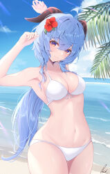 Rule 34 | 1girl, absurdres, beach, bikini, blue sky, breasts, cloud, cowboy shot, day, flower, ganyu (genshin impact), genshin impact, goat horns, hair flower, hair ornament, hibiscus, highres, horns, large breasts, long hair, looking at viewer, low ponytail, navel, outdoors, pisuke (user kcmh2774), red flower, sidelocks, signature, sky, solo, stomach, swimsuit, very long hair, wavy hair, white bikini