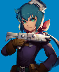 Rule 34 | 10s, 1girl, belt pouch, blue background, blue hair, bow, brown gloves, constanze amalie von braunschbank-albrechtsberger, frown, gloves, green eyes, gun, hair bow, holding, holding gun, holding weapon, little witch academia, mool yueguang, pouch, robot, serious, weapon