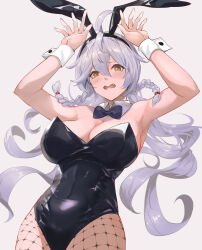 Rule 34 | 1girl, absurdres, ahoge, alternate costume, animal ears, arms up, bare shoulders, black bow, black bowtie, black leotard, blush, bow, bowtie, braid, breasts, cleavage, covered navel, cowboy shot, detached collar, fake animal ears, fishnet pantyhose, fishnets, granblue fantasy, grey background, grey hair, hairband, highres, large breasts, leotard, long hair, looking at viewer, nos (nos tsn), open mouth, pantyhose, playboy bunny, rabbit ears, rabbit pose, silva (granblue fantasy), simple background, solo, yellow eyes