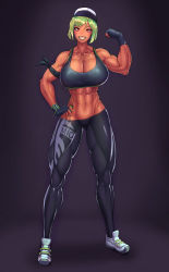 Rule 34 | abs, black gloves, breasts, cleavage, earbuds, earphones, fingerless gloves, gloves, green hair, hat, highres, kingbang, large breasts, muscular, muscular arms, muscular female, muscular legs, pants, short hair, skin tight, smile, sports bra, sportswear, tagme, tennis shoes, tight clothes, tight pants, yoga pants