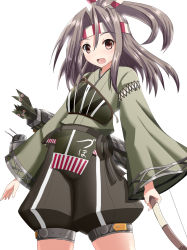 Rule 34 | 1girl, arrow (projectile), bow (weapon), brown eyes, camouflage, cowboy shot, green hakama, hachimaki, hair ribbon, hakama, hakama skirt, headband, high ponytail, highres, holding, holding bow (weapon), holding weapon, japanese clothes, kantai collection, light brown hair, long hair, muneate, open mouth, ponytail, quiver, remodel (kantai collection), ribbon, simple background, skirt, smile, solo, weapon, white background, yuuk33, zuihou (kancolle)