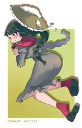 Rule 34 | 1girl, :t, ajirogasa, artist name, ass, black footwear, black hair, blush, border, braid, breasts, capelet, commentary request, dango, dated, dress, drop shadow, earlobes, food, frilled capelet, frills, full body, gradient background, green background, grey dress, hands up, hat, highres, holding, holding food, long earlobes, long hair, long sleeves, looking at viewer, low twintails, medium breasts, mitarashi dango, namauni, outside border, own hands together, palms together, partial commentary, red capelet, red eyes, red socks, sandals, signature, snow, socks, solo, touhou, twin braids, twintails, wagashi, white border, yatadera narumi, yellow background