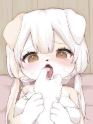 Rule 34 | 1boy, 1girl, animal ears, animal nose, blush, breasts, breath, brown eyes, camisole, dog ears, dog girl, fang, finger in another&#039;s mouth, furry, furry female, furry male, furry with furry, heavy breathing, highres, huton iinioi, large breasts, looking at viewer, lying, no bra, on back, open mouth, original, pov, pov hands, saliva, skin fang, solo focus, strap slip, tongue, tongue out, twintails, white camisole, white hair