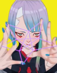 Rule 34 | absurdres, blue nails, blurry, blurry foreground, bukoarts, cat&#039;s cradle, cyberpunk (series), cyberpunk edgerunners, facepaint, facing viewer, highres, lucy (cyberpunk), multicolored hair, nail polish, pale skin, parted bangs, red lips, thread, yellow background