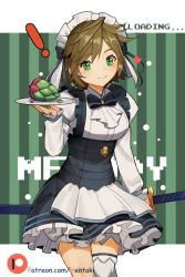 Rule 34 | !, 1girl, apron, asymmetrical legwear, black skirt, bloomers, blush, brown hair, closed mouth, commentary, dragalia lost, english commentary, frilled skirt, frills, green eyes, head tilt, heart, hentaki, holding, holding plate, holding sheath, juliet sleeves, katana, long sleeves, maid, maid headdress, melody (dragalia lost), nintendo, plate, pleated skirt, puffy sleeves, sheath, sheathed, shirt, single thighhigh, skirt, smile, solo, striped, striped background, sword, thighhighs, underwear, uneven legwear, vertical stripes, waist apron, watermark, weapon, web address, white apron, white bloomers, white shirt, white thighhighs