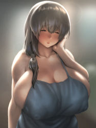 Rule 34 | 1girl, apron, bare shoulders, blush, breasts, cleavage, closed eyes, commentary request, covered erect nipples, daruguxwa, grey hair, hair between eyes, hair over shoulder, hand on own cheek, hand on own face, highres, huge breasts, long hair, low tied hair, mature female, naked apron, solo, uzaki-chan wa asobitai!, uzaki tsuki