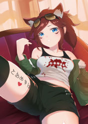 Rule 34 | 10s, 1girl, absurdres, animal ears, black-framed eyewear, black shorts, black thighhighs, blue eyes, blush, body writing, breasts, brown hair, cat ears, character request, collarbone, commentary request, cosplay, couch, dutch angle, eyewear on head, facial mark, green jacket, heart, highres, jacket, lying, medium breasts, midriff, off shoulder, on back, open clothes, open jacket, parted lips, persona, persona 5, phantasy star, phantasy star online 2, ponytail, sakura futaba, sakura futaba (cosplay), shorts, solo, sunglasses, tank top, thighhighs, translation request, zpig020406