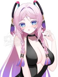 1girl :o bare_shoulders black_choker black_gloves blue_eyes blush braid breasts center_opening choker citlali_(genshin_impact) cleavage collarbone facial_mark fingernails forehead_mark genshin_impact gloves hair_ornament hand_up highres kino_(curry_pan) large_breasts long_hair looking_at_viewer multicolored_hair nail_polish open_mouth pink_hair pink_pupils purple_hair revision simple_background sleeveless solo triangle triangle_facial_mark twin_braids upper_body very_long_hair white_background