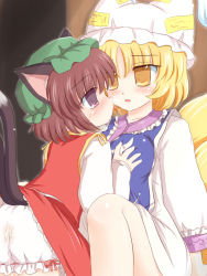 Rule 34 | 2girls, after kiss, animal ears, blonde hair, bloomers, blush, grabbing another&#039;s breast, breasts, brown hair, cat ears, cat girl, cat tail, chen, china dress, chinese clothes, dress, female focus, fox ears, fox tail, grabbing, hat, kiss, multiple girls, multiple tails, pussy juice, ry (yagoyago), saliva, saliva trail, short hair, stain, tail, touhou, underwear, wet, white bloomers, yakumo ran, yuri