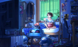 Rule 34 | 1girl, alarm clock, alternate color, bag, barefoot, bedroom, bookbag, bottle, brendan (pokemon), brown eyes, brown hair, chair, chest of drawers, clock, clothes hanger, coat, commentary, controller, creatures (company), curtains, desk, game console, game controller, game freak, gamecube, gamecube controller, gen 3 pokemon, grocery bag, hair ornament, hairclip, holding, holding controller, holding game controller, indian style, indoors, male focus, messy room, metagross, metang, mouth hold, nintendo, nose bubble, nrmya, office chair, on bed, pillow, plant, pokemon, pokemon (creature), pokemon rse, poster (object), potion, shiny pokemon, shirt, shoes, shopping bag, short hair, short sleeves, shorts, sitting, sleeping, sneakers, spray bottle, swept bangs, swivel chair, t-shirt, television, unworn shoes, white shirt, window