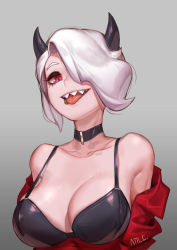 Rule 34 | 1girl, artist name, bare shoulders, black bra, bra, breasts, collarbone, commentary, gradient background, grey background, hair over one eye, helltaker, highres, horns, jewelry, l.wolf, looking at viewer, off-shoulder shirt, off shoulder, piercing, red eyes, red shirt, sharp teeth, shirt, short hair, simple background, smile, teeth, tongue, tongue out, underwear, white hair, zdrada (helltaker)