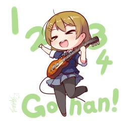 Rule 34 | 1girl, :d, black pantyhose, brown hair, chibi, closed eyes, cosplay, electric guitar, full body, guitar, hair ornament, hairpin, hirasawa yui, hirasawa yui (cosplay), instrument, k-on!, koizumi hanayo, langbazi, love live!, love live! school idol project, open mouth, pantyhose, pleated skirt, plectrum, romaji text, round teeth, school uniform, short hair, signature, simple background, skirt, sleeves rolled up, smile, solo, standing, standing on one leg, teeth, white background