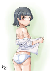 Rule 34 | 1girl, akashieru, arare (kancolle), ass, black hair, breasts, brown eyes, collared shirt, convenient censoring, dress shirt, from behind, highres, kantai collection, looking at viewer, looking back, one-hour drawing challenge, panties, polka dot, polka dot panties, shirt, short hair, small breasts, solo, standing, underwear, white panties, white shirt