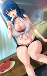 Rule 34 | 1girl, aqua eyes, bare shoulders, black collar, blue hair, blurry, blush, bracelet, breasts, cleavage, collar, collarbone, commentary, cowboy shot, denim, denim shorts, depth of field, dutch angle, eating, electric fan, food, fruit, glasses, groin, hair between eyes, highres, holding, holding food, hot, jewelry, large breasts, lens flare, light rays, looking at viewer, low twintails, midriff, mole, mole on breast, mole under eye, navel, original, popsicle, rikadoh, shadow, shirt, short shorts, shorts, sidelocks, sitting, sleeveless, sleeveless shirt, solo, sunbeam, sunlight, sweat, teeth, tied shirt, tongue, tongue out, twintails, upper teeth only, veranda, watermelon, white shirt, window