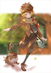 Rule 34 | 1boy, bag, blonde hair, blue bag, blurry, blurry background, blush, brown jacket, brown pants, dog, eric knikki, full body, ginkgo leaf, green eyes, identity v, jacket, leaf, long sleeves, looking at viewer, male focus, official alternate costume, outstretched arm, pants, plaid, plaid jacket, plaid legwear, satchel, scarf, short hair, smile, solo, sweater vest, symbol-shaped pupils, twitter username, victor grantz, victor grantz (autumn reverie), wick (identity v), yellow pupils