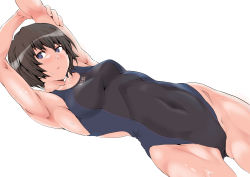 Rule 34 | 1girl, absurdres, amagami, arms up, black eyes, black hair, black one-piece swimsuit, bob cut, breasts, competition swimsuit, covered navel, cowboy shot, dutch angle, gluteal fold, highres, kimuwaipu, looking at viewer, medium breasts, nanasaki ai, one-piece swimsuit, simple background, solo, standing, stretching, swimsuit, white background