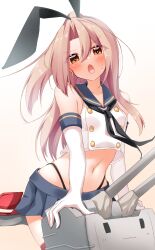 Rule 34 | 1girl, absurdres, black hairband, black neckerchief, black panties, blue sailor collar, blue skirt, brown eyes, cosplay, crop top, elbow gloves, gloves, hairband, highleg, highleg panties, highres, kantai collection, light brown hair, long hair, looking at viewer, microskirt, navel, neckerchief, open mouth, panties, pia (botamochinjufu), pleated skirt, ponytail, rensouhou-chan, sailor collar, shimakaze (kancolle), shimakaze (kancolle) (cosplay), skirt, solo, striped clothes, striped thighhighs, thighhighs, thong, underwear, very long hair, white gloves, zuihou (kancolle)