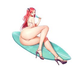 Rule 34 | 1girl, ass, eating, food, from behind, full body, game cg, high heels, highres, holding, holding food, kakiman, last origin, long hair, looking at viewer, looking back, night angel (last origin), official art, one-piece swimsuit, one side up, popsicle, red eyes, red hair, scrunchie, sexually suggestive, solo, suggestive fluid, surfboard, swimsuit, tachi-e, thighs, transparent background, wet, white one-piece swimsuit