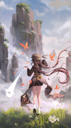 Rule 34 | 1girl, absurdres, arm up, black shorts, blue sky, boo tao (genshin impact), brown coat, brown hair, brown hat, bug, butterfly, cliff, cloud, coat, coattails, colored tips, day, facing away, floating hair, flower, from behind, full body, genshin impact, ghost, gradient hair, grass, hand on headwear, hand up, hat, highres, holding, hu tao (genshin impact), insect, legs, long hair, long sleeves, meiyan (boyimachao), multicolored hair, orange butterfly, outdoors, porkpie hat, short shorts, shorts, sky, socks, solo, tassel, thighs, twintails, very long hair, walking, white flower, white socks