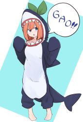 Rule 34 | 1girl, animal costume, barefoot, blue background, blue eyes, blush, commentary, english commentary, eyebrows hidden by hair, fang, full body, gao, go-toubun no hanayome, green ribbon, hands up, highres, kujou karasuma, looking at viewer, nakano yotsuba, open mouth, orange hair, ribbon, romaji text, shark costume, solo, standing, two-tone background, white background