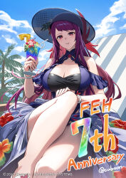 Rule 34 | 1girl, alternate costume, anniversary, bare shoulders, black hat, blue one-piece swimsuit, breasts, casual one-piece swimsuit, cleavage, cuboon, cup, dress swimsuit, drinking glass, drinking straw, english text, female focus, fire emblem, fire emblem engage, fire emblem heroes, flower, hat, highres, holding, holding cup, ivy (fire emblem), ivy (summer) (fire emblem), large breasts, long hair, looking at viewer, matching hair/eyes, mole, mole under mouth, nintendo, official alternate costume, official art, one-piece swimsuit, parted lips, purple eyes, purple hair, see-through, solo, swimsuit, tropical drink, twitter username