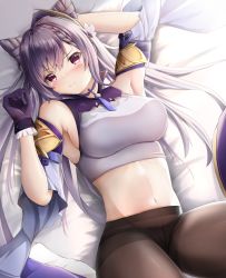 Rule 34 | 1girl, arm behind head, arm up, armpits, bare shoulders, bed, black pantyhose, blush, braid, breasts, closed mouth, cone hair bun, crop top, detached sleeves, double bun, genshin impact, gloves, hair between eyes, hair bun, hair ornament, highres, jewelry, keqing (genshin impact), large breasts, legs up, long hair, looking at viewer, lying, mctom, midriff, navel, necklace, on back, pantyhose, purple eyes, purple gloves, purple hair, shirt, solo, twintails, white shirt, wide sleeves