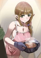 Rule 34 | 1girl, apron, blonde hair, blush, bow (bhp), breasts, cleavage, closed mouth, cooking pot, doorway, elf, food, gloves, green eyes, grey gloves, hair over shoulder, indoors, large breasts, leaning forward, looking at viewer, mole, mole on breast, mole under eye, naked apron, pointy ears, pov doorway, smile, solo, standing