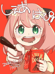 Rule 34 | 1girl, anya (spy x family), child, clothing request, commentary request, dated, dirty, dirty face, food, green eyes, highres, long hair, long sleeves, looking at viewer, neck ribbon, open mouth, pink hair, pocky, pocky day, polka dot, polka dot ribbon, reaching, reaching towards viewer, red background, red ribbon, ribbon, rosya mein, signature, smile, solo, spy x family, teeth, translation request, upper body, upper teeth only