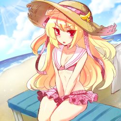 Rule 34 | 1girl, azur lane, beach, bench, bikini, blush, breasts, cloud, collarbone, crescent, crescent (azur lane), crescent hair ornament, day, hair ornament, hat, long hair, looking at viewer, ocean, open mouth, outdoors, red eyes, sitting, sky, small breasts, solo, straw hat, swimsuit, tanpopo hayabusa-maru