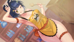Rule 34 | 1girl, ;q, adopot, apron, arm strap, arm up, armpits, bare arms, bare shoulders, blue hair, blurry, blurry background, braid, braided hair rings, breasts, character print, cleavage, cowboy shot, drawer, dutch angle, eyebrows hidden by hair, frilled apron, frills, genshin impact, groin, guoba (genshin impact), hair ornament, hair rings, hairclip, hand up, highres, holding, holding ladle, ladle, looking at viewer, medium breasts, naked apron, one eye closed, orange sash, sash, shelf, short hair, sideboob, solo, text print, thick eyebrows, thigh strap, thighs, tongue, tongue out, twin braids, w, xiangling (genshin impact), yellow apron, yellow eyes
