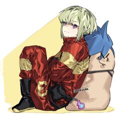 Rule 34 | 1boy, black footwear, boots, character doll, closed mouth, firefighter, firefighter jacket, galo thymos, green eyes, highres, ierotak, jacket, lio fotia, long sleeves, looking at viewer, male focus, promare, purple eyes, simple background, sitting, solo, two-tone background