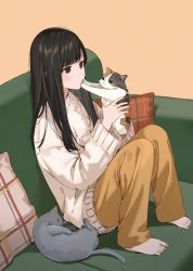 Rule 34 | 1girl, animal, animal ears, barefoot, black cat, black eyes, black hair, blush, calico, cat, cat ears, cat tail, closed eyes, couch, full body, highres, holding, holding animal, holding cat, indoors, knees up, long hair, long sleeves, looking at animal, loose clothes, on couch, original, pillow, puckered lips, rejected kiss, sako (35s 00), sitting, sleeping, solo, sweater, tail, white cat, wide sleeves, yellow background