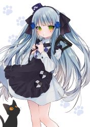 Rule 34 | 1girl, animal, apron, black apron, black cat, black hairband, black ribbon, blue hair, blush, bow, cat, checkered bow, checkered clothes, commentary request, dress, facial mark, frilled apron, frills, girls&#039; frontline, green eyes, hair ribbon, hairband, hat, hk416 (black kitty&#039;s gift) (girls&#039; frontline), hk416 (girls&#039; frontline), holding strap, long hair, long sleeves, looking at viewer, manya drhr, mini hat, parted lips, paw print, paw print background, purple headwear, ribbon, simple background, solo, tilted headwear, two side up, very long hair, white background, white dress
