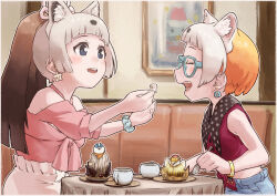 Rule 34 | 2girls, animal ear fluff, animal ears, bare shoulders, black hair, blush, border, brown hair, cake, clothing cutout, contemporary, extra ears, facing another, feeding, food, fork, glasses, highres, holding, holding fork, indoors, japanese marten (kemono friends), kemono friends, long hair, looking at another, multicolored hair, multiple girls, official alternate costume, open clothes, open mouth, orange hair, purple eyes, sable (kemono friends), scrunchie, shirt, shoulder cutout, sitting, sleeveless, smile, table, toriny, white border, white hair, wrist scrunchie